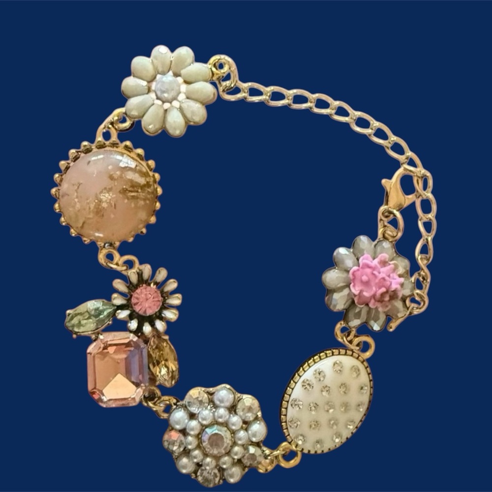 Floral Charm Bracelet in Gold and Pink